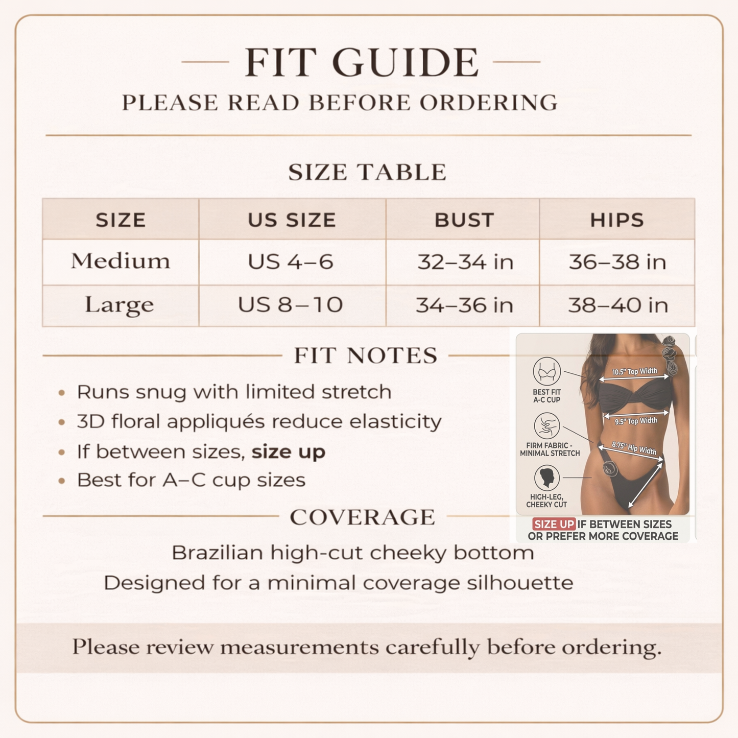 Size chart for 3D Floral Elegance High-Cut Brazilian Bikini with bust and hip measurements.