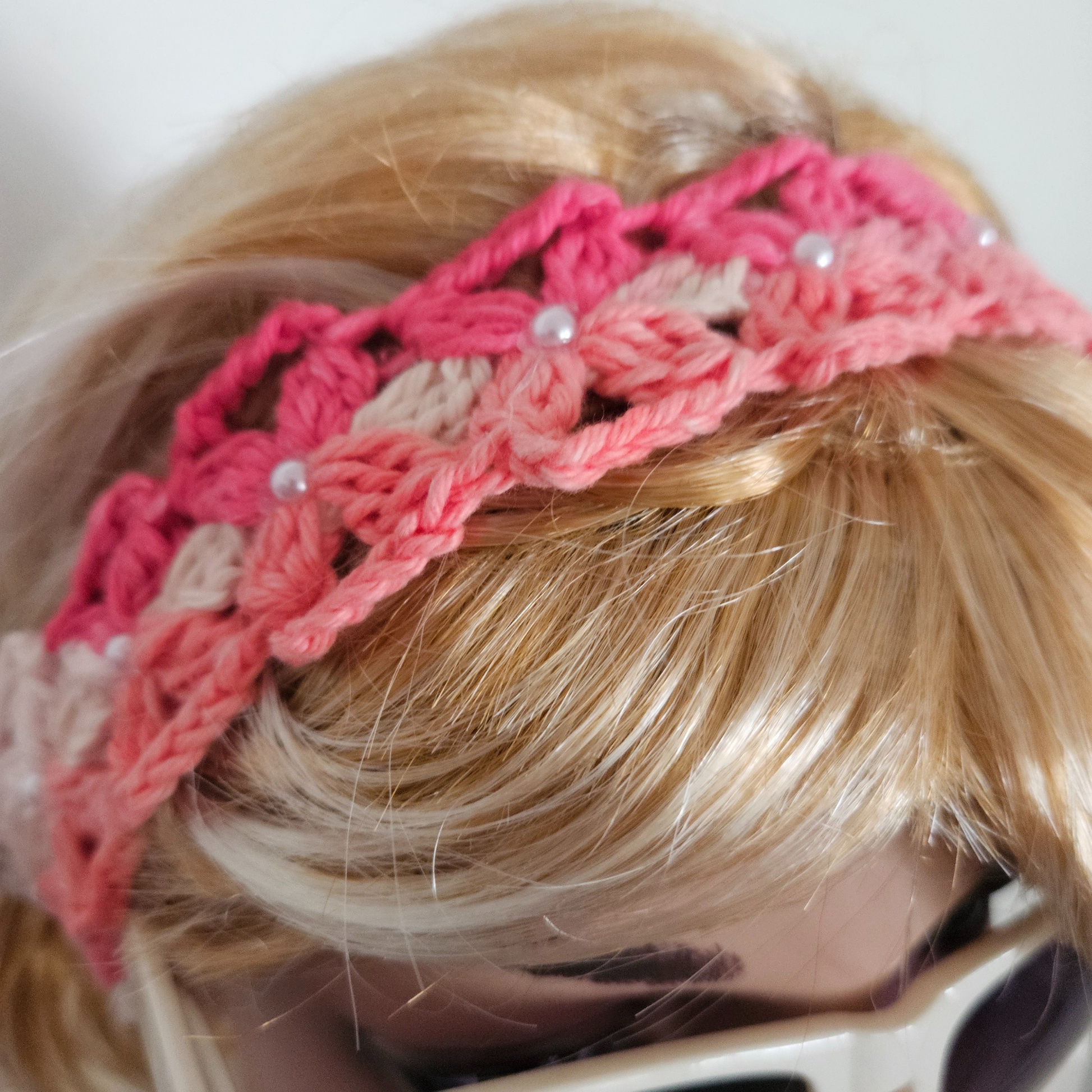 Alice Pink Pearls headband model top front photo