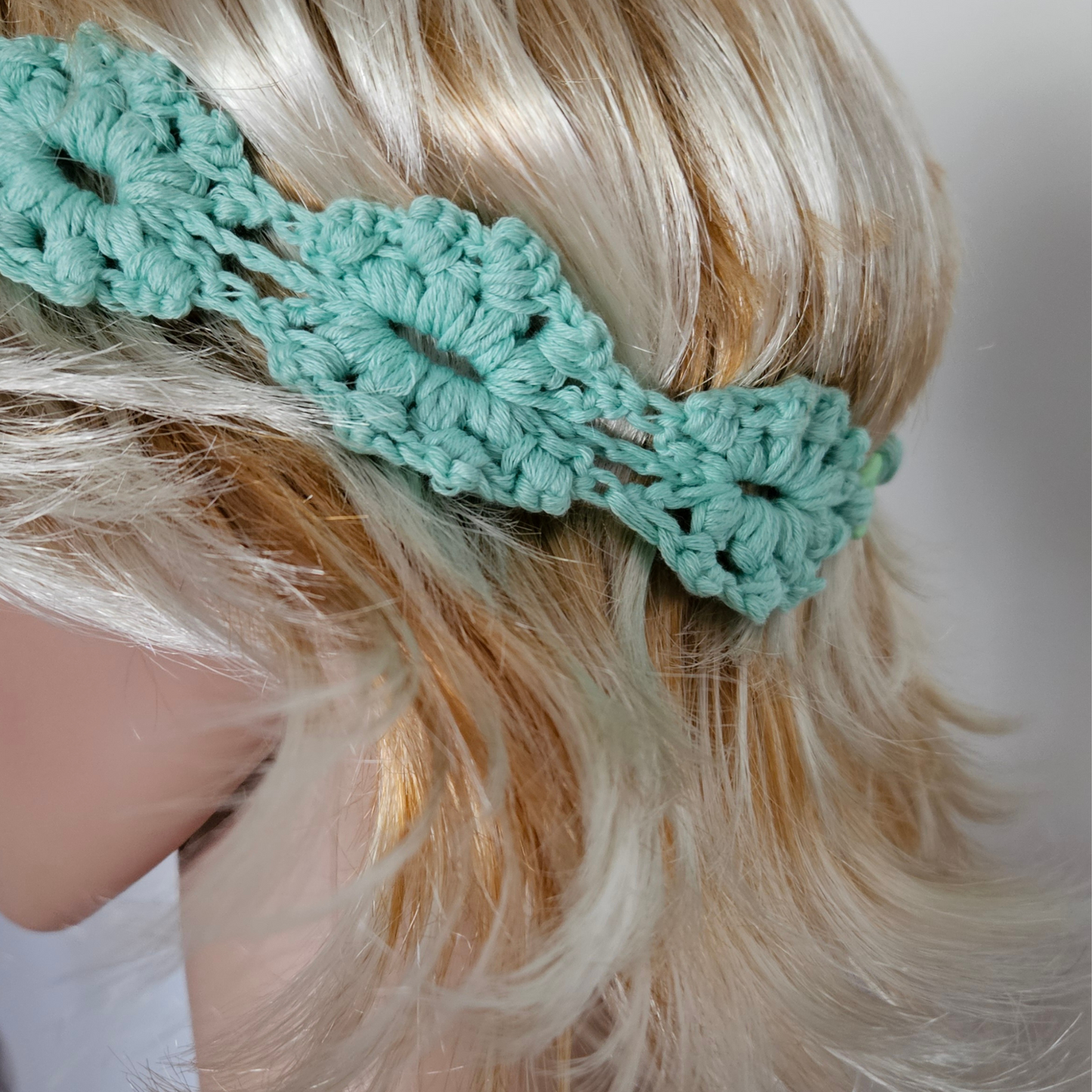 Aqua Aurora Halo Crochet Headband model side pose