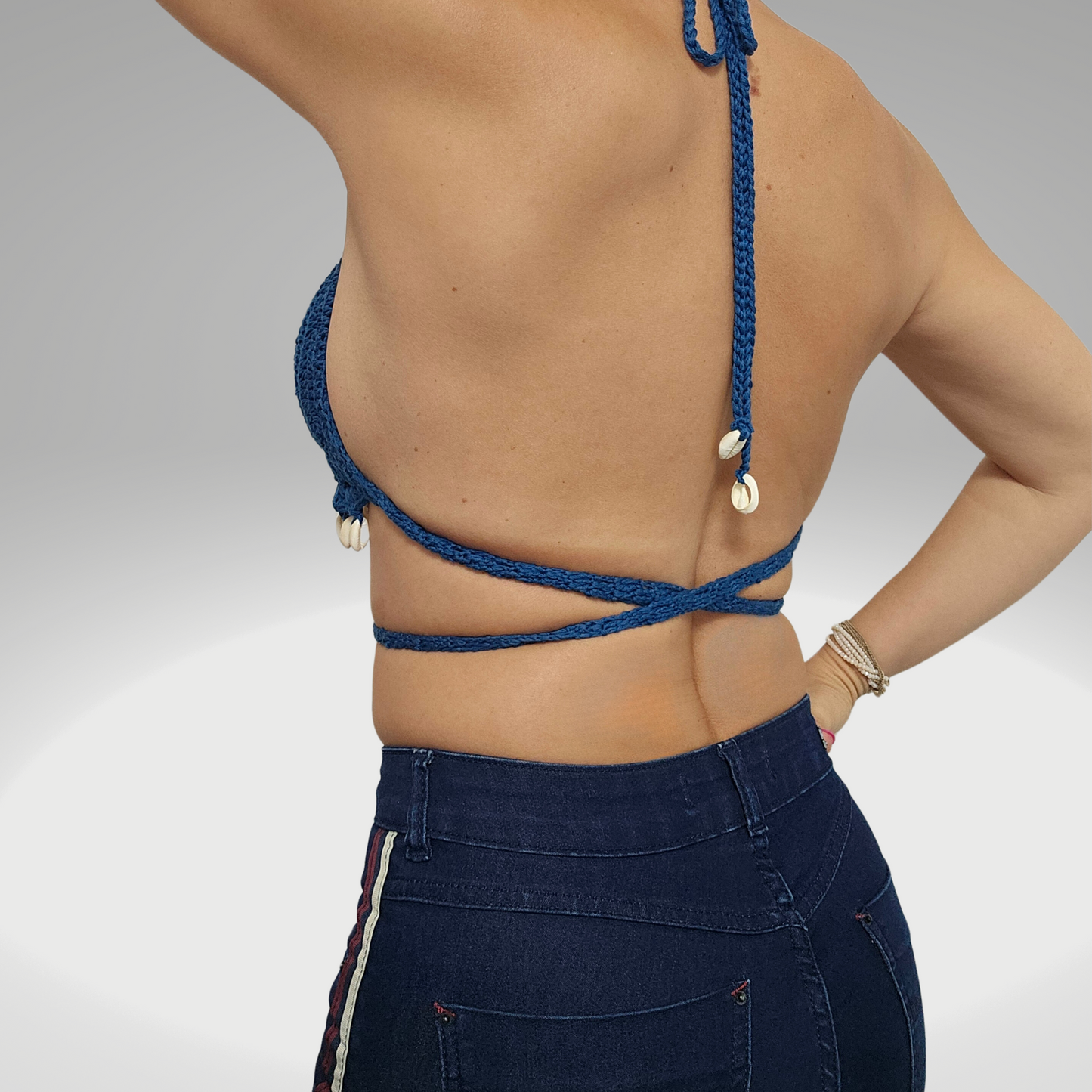Azure Seashell Crochet Cropped MODEL POSING top back