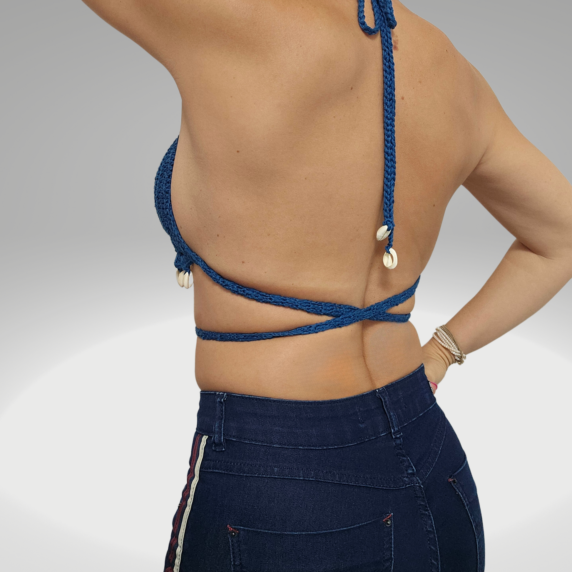 Azure Seashell Crochet Cropped MODEL POSING top back