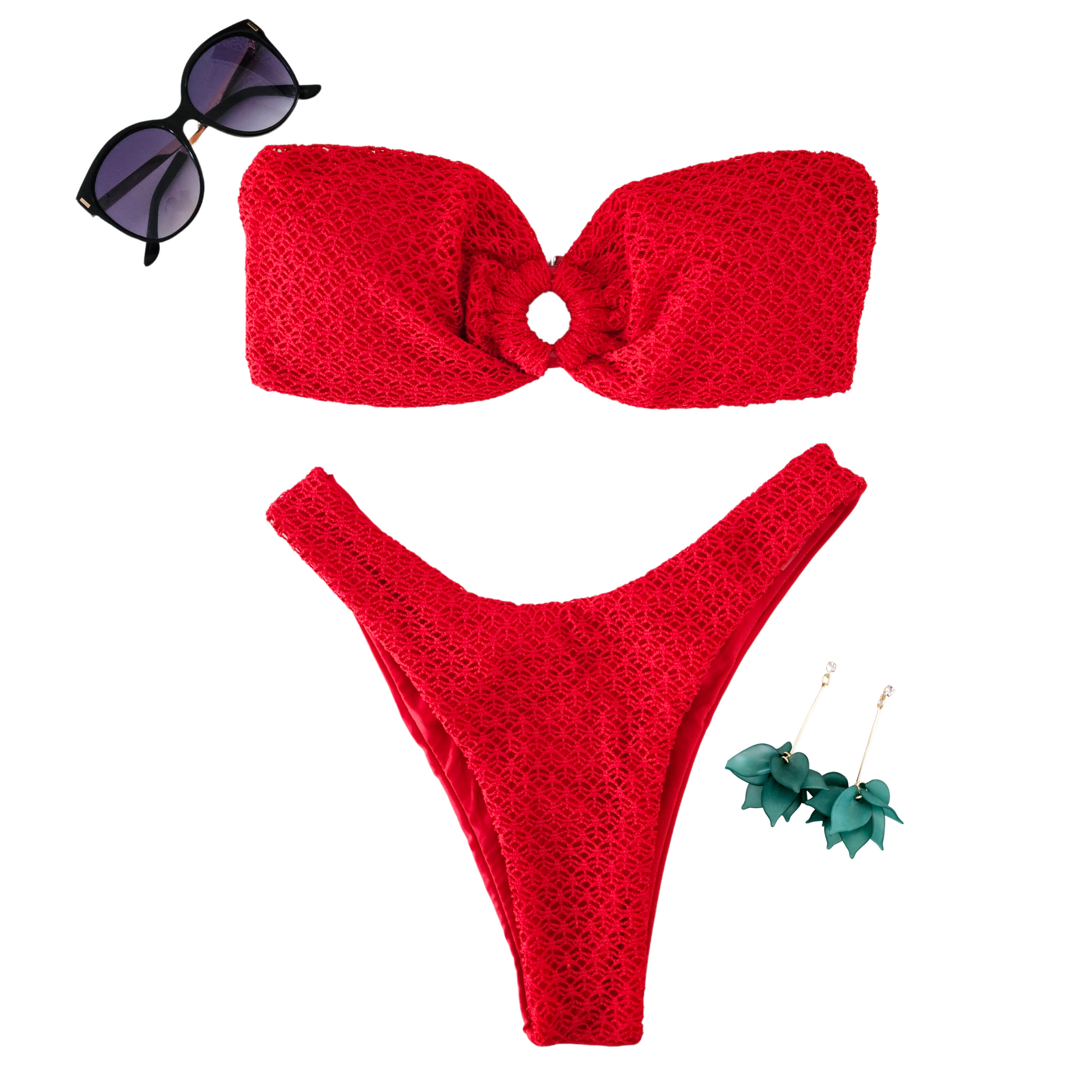 Bandeau Textured Red Tube Top Thong Bikini Set full image front