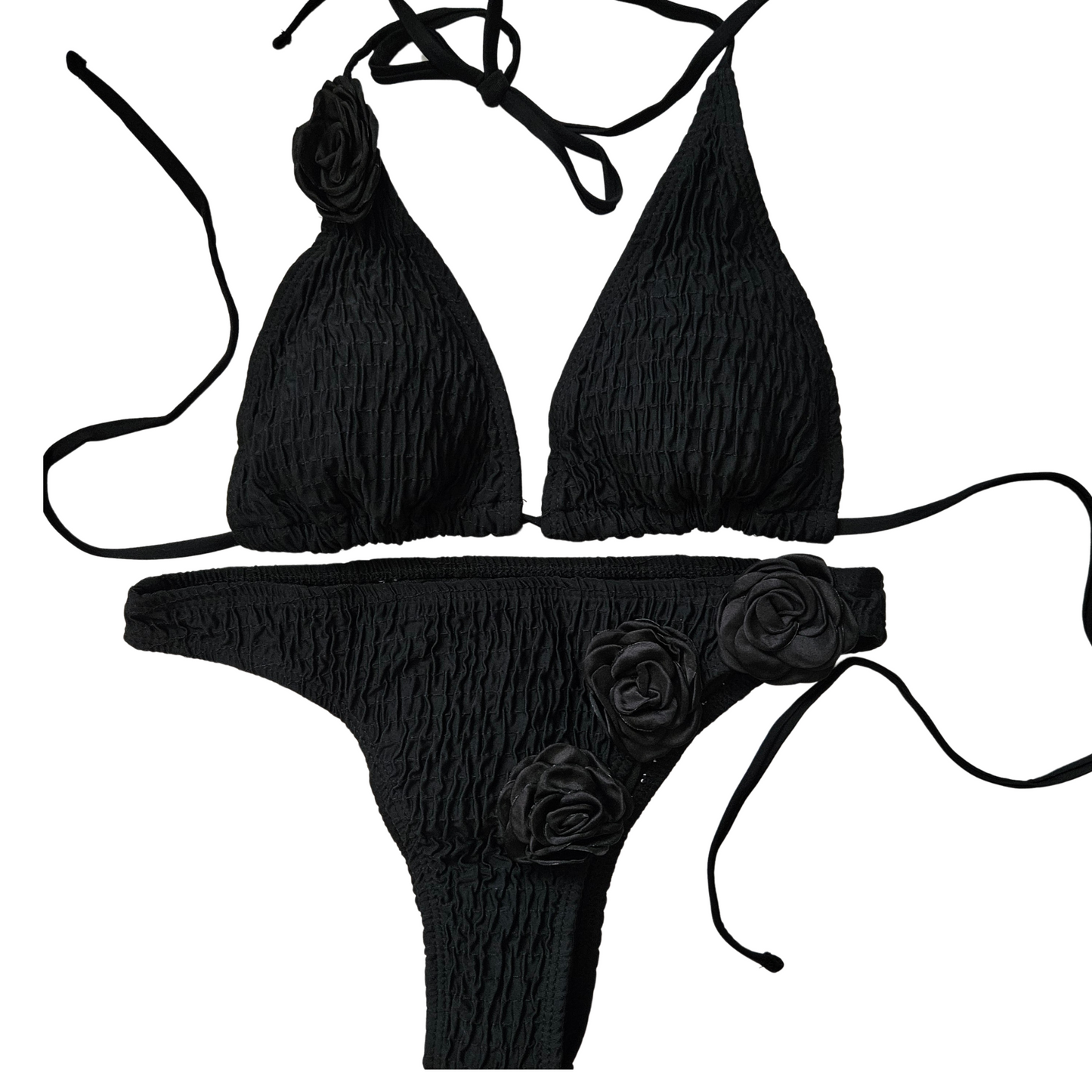 Black Eco 3D Floral Textured Thong Bikini Set front image