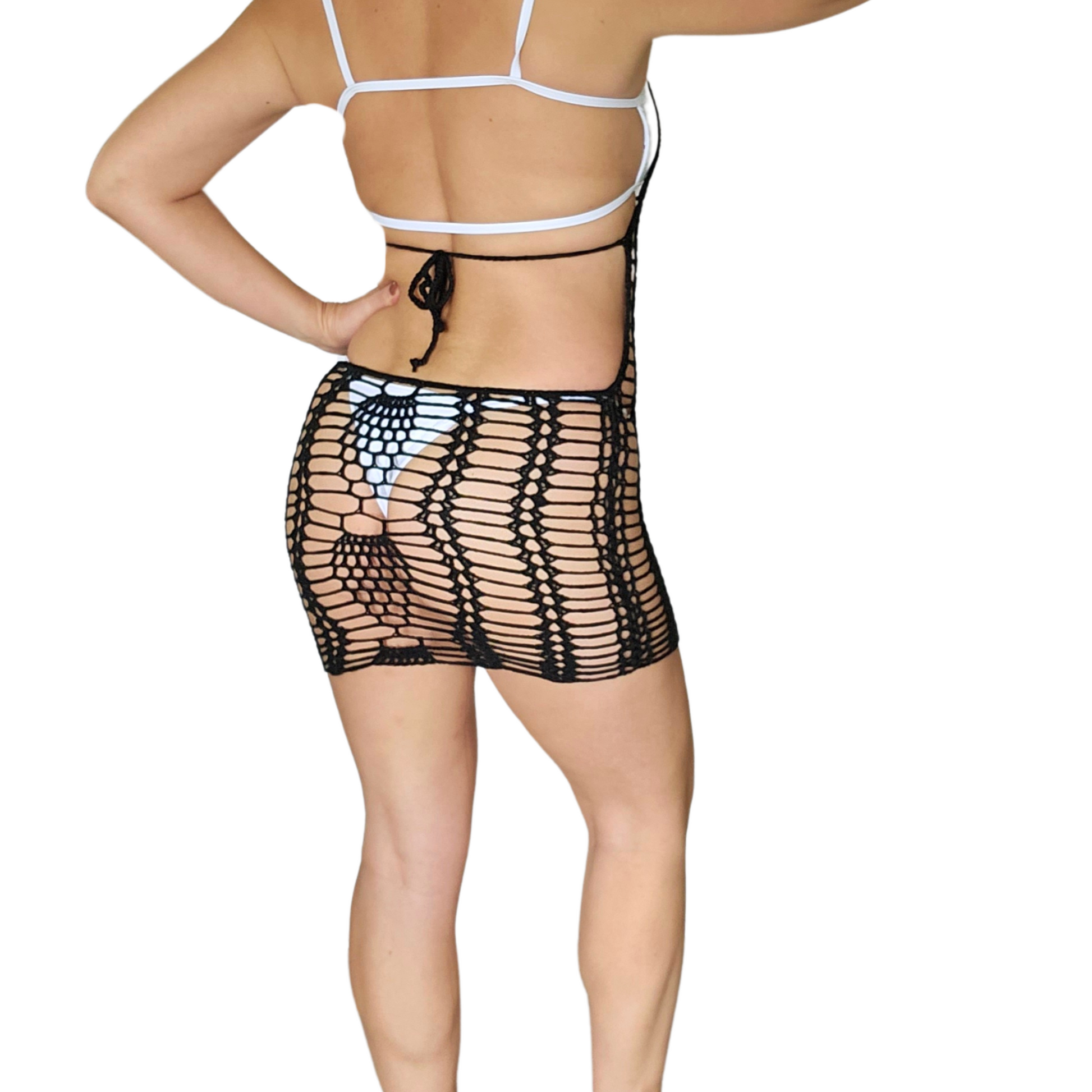 Black Knitted Crochet Dress Cover-Up model back pose