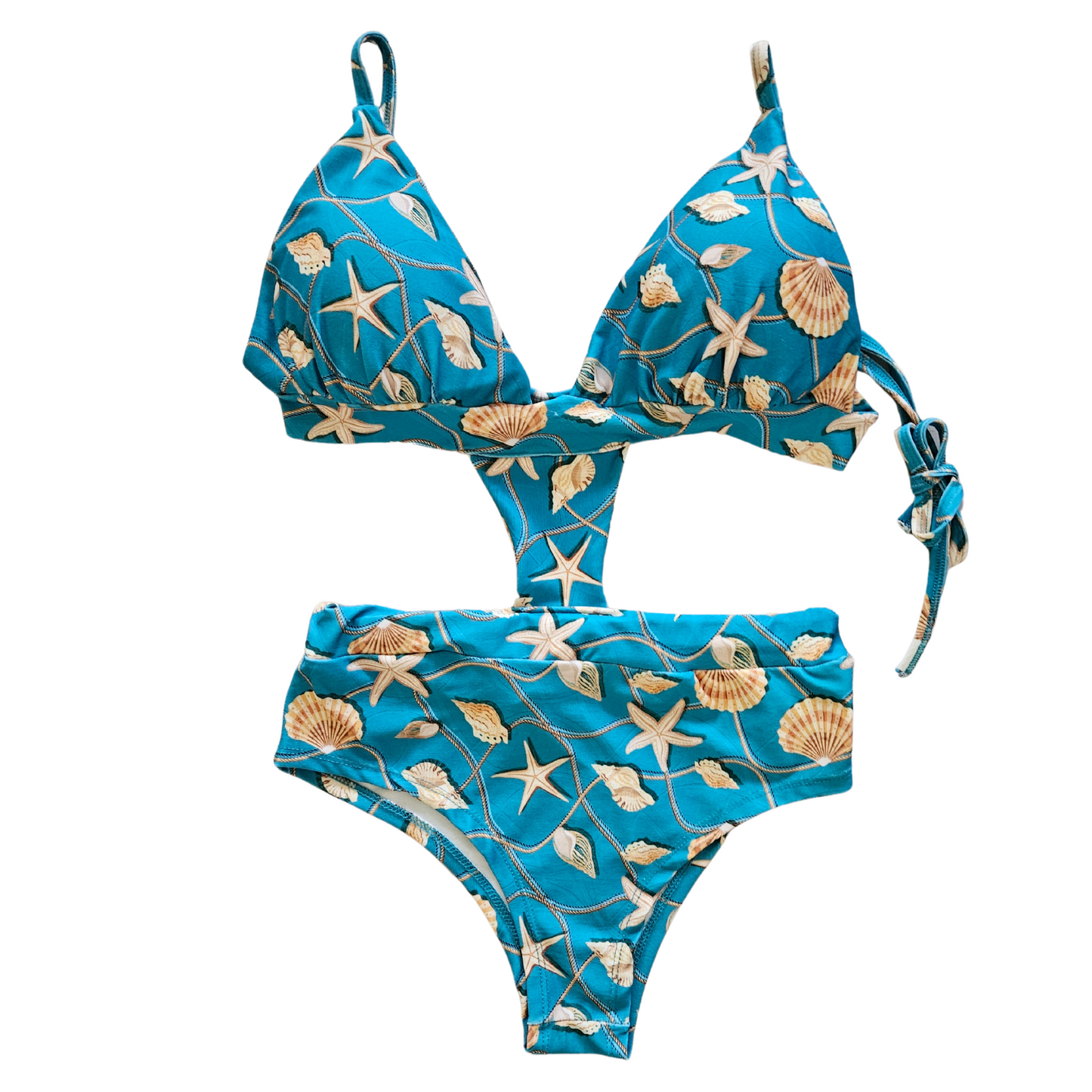 Blue Seashells One Piece Side Cut Out Swimsuit top front