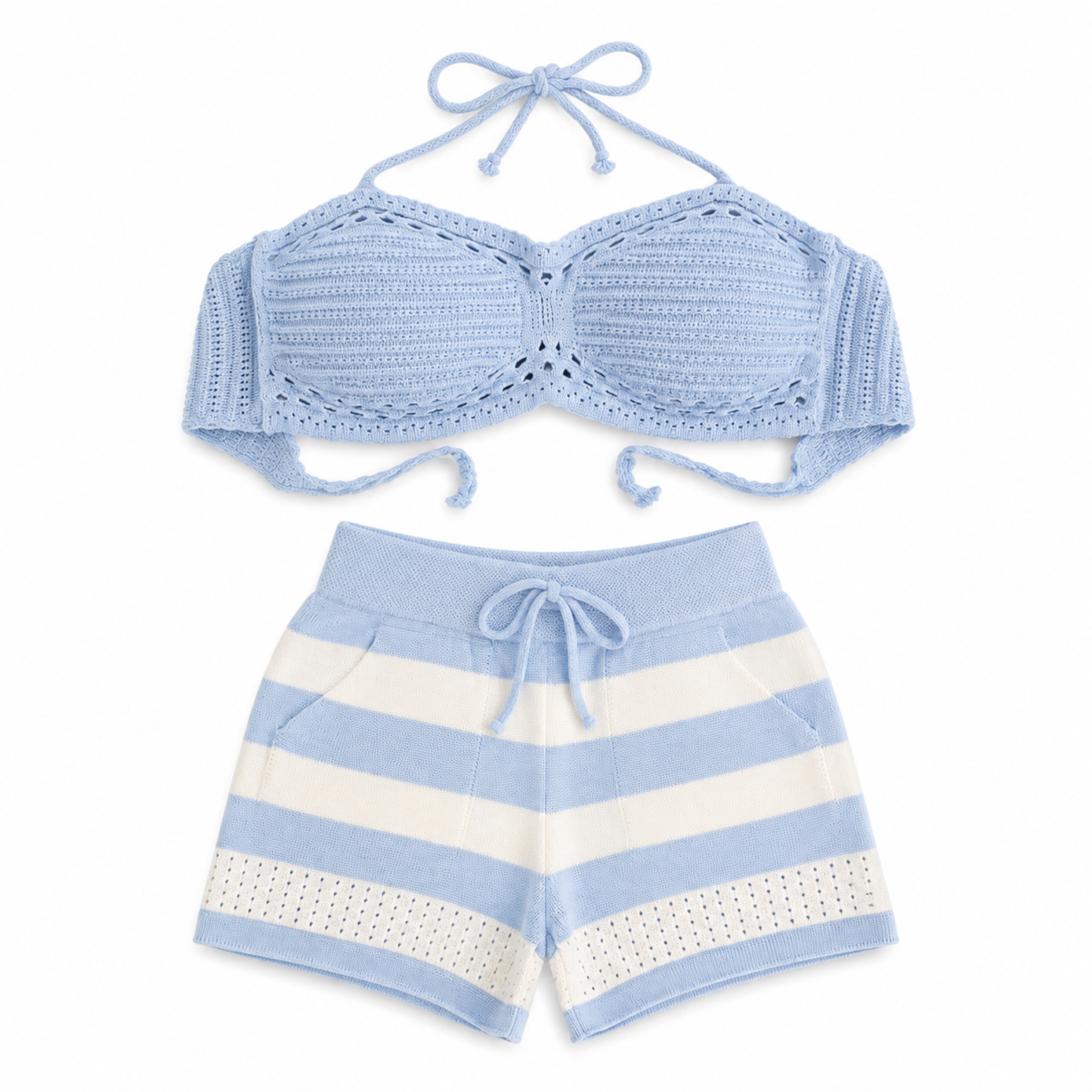 Rita Rosa light blue modal knit halter top and striped pocket shorts set, handmade Brazilian loungewear for women.