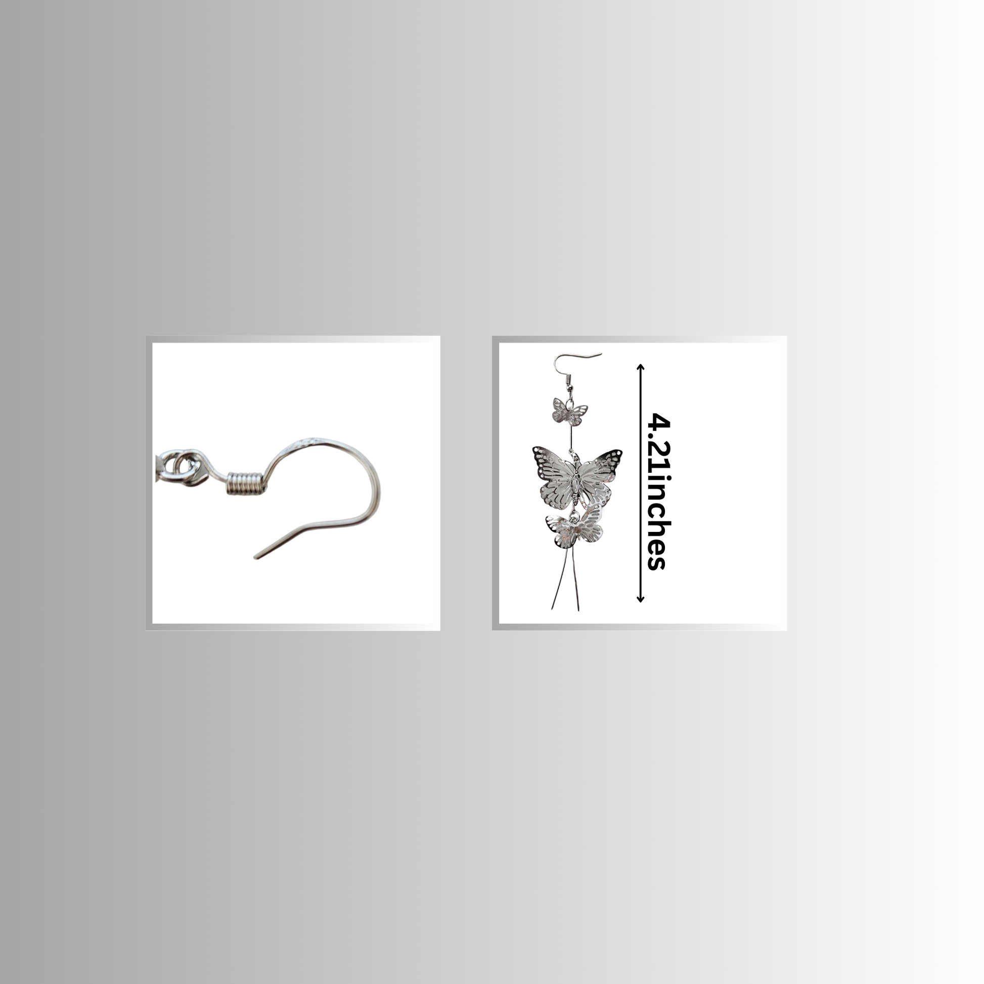 Butterflies Silver Long Drop Earrings measurements