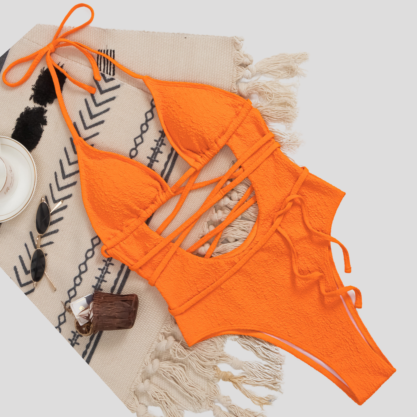 Citrus Crush Cut Out Ribbed Lace Up Swimsuit front image