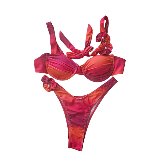 Coral Sunset Push Up Flower Thong Bikini Set