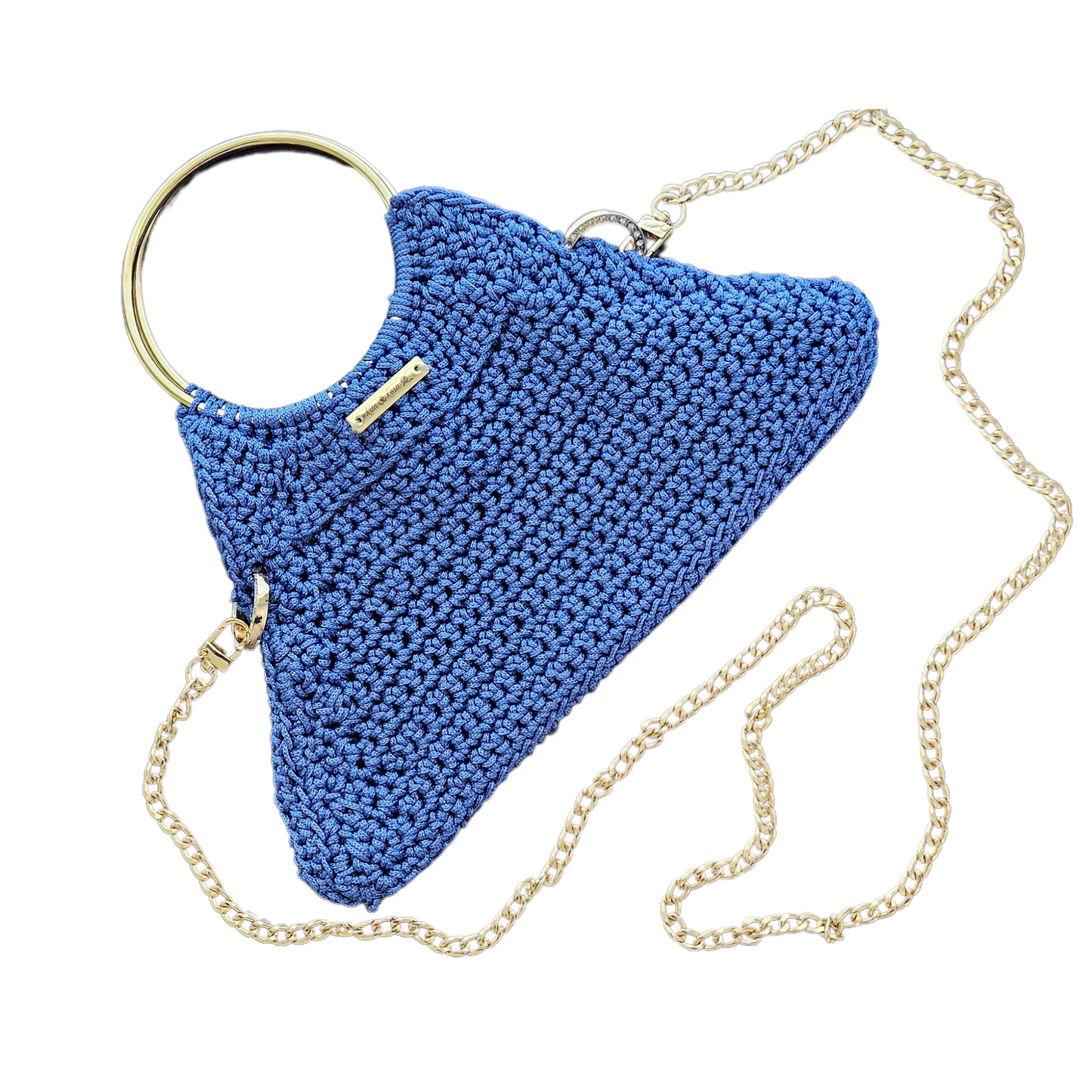 Denim Blue Arco Luxe Crochet Bag – handmade macramé crossbody with gold chain and loop ring handle, stylish lightweight accessory.