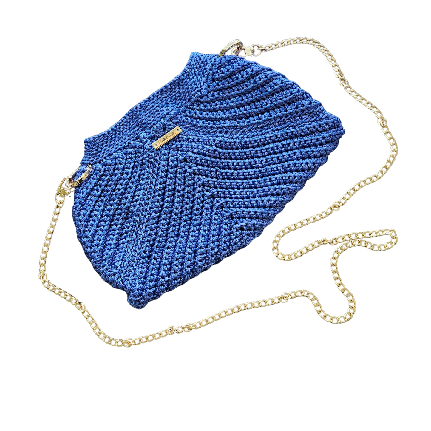 Close-up of Denim Blue Modern Macrame Crossbody gold chain strap – 47.2-inch crossbody chain offering elegant, hands-free wear.