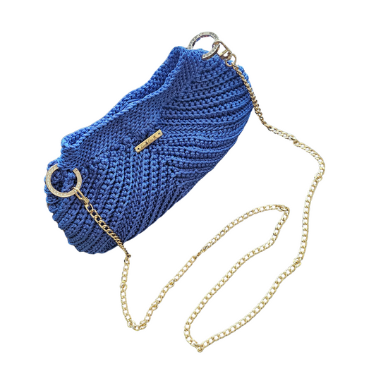 Front view of Denim Blue Modern Macrame Crossbody – detailed handmade macramé texture with premium gold hardware accents.