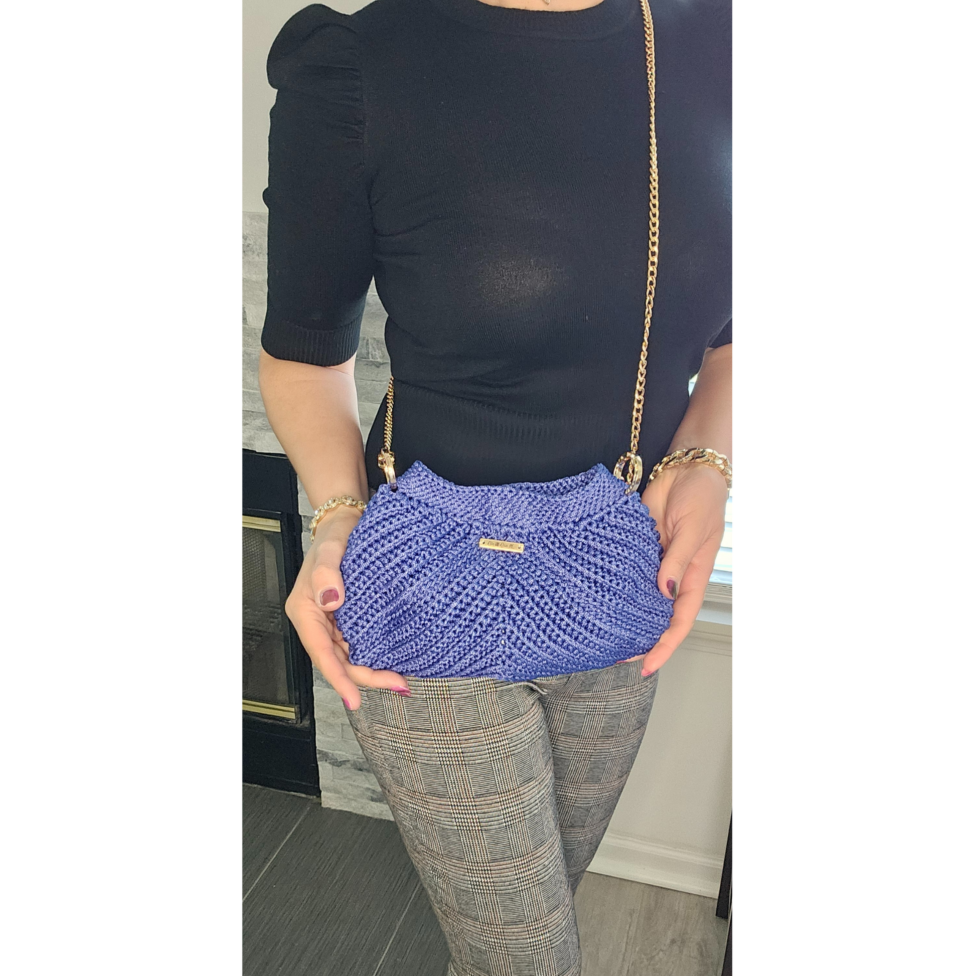 Model showcasing Denim Blue Modern Macrame Crossbody – exclusive handcrafted bag with gold accents, lightweight macramé design, perfect for weddings, special events, and everyday luxury.