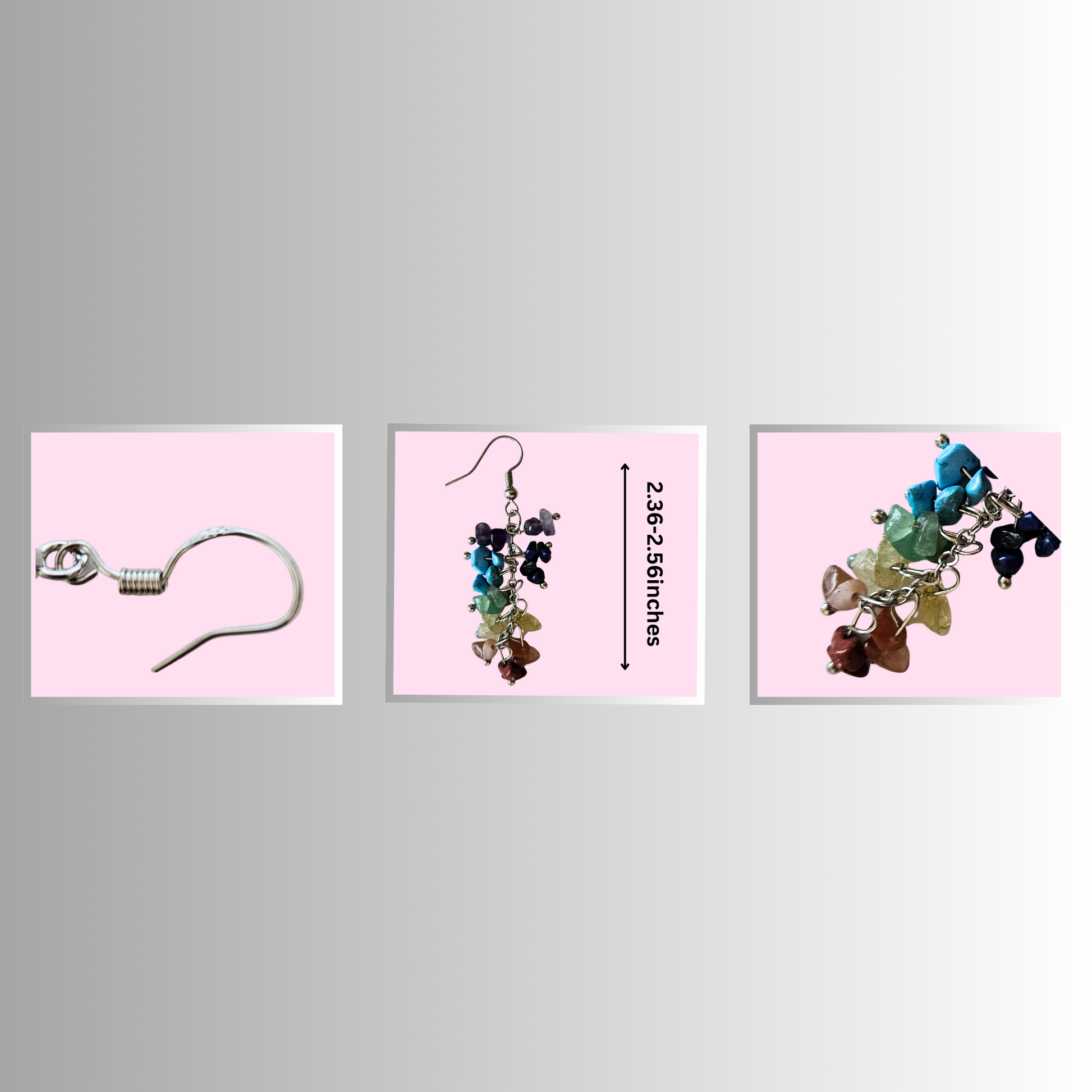 Boho-style drop earrings made with natural tumbled stones, measuring 2.36 to 2.56 inches in length with French hook closures—lightweight and available in purple, pink, blue, and multicolor options for effortless beach or festival wear.