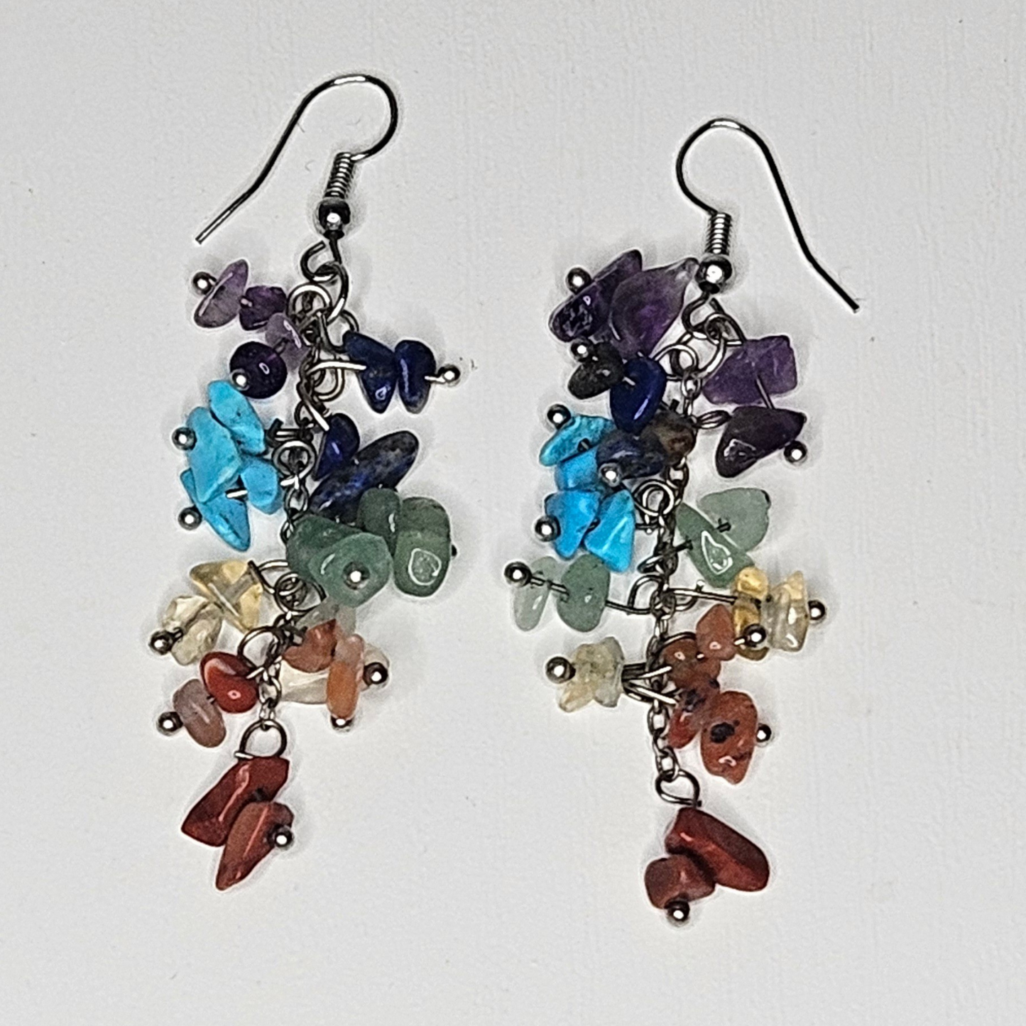 Boho multicolor gemstone earrings made from natural tumbled stones, lightweight and unique—perfect handmade jewelry for beach outfits and summer festivals.