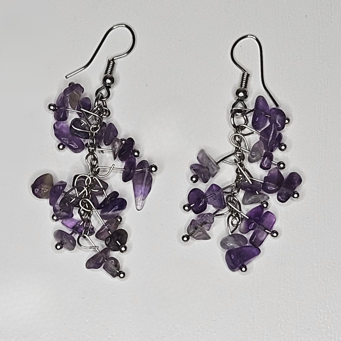 Handmade purple amethyst gemstone earrings with natural tumbled stones, lightweight boho beach jewelry for summer style and everyday wear.