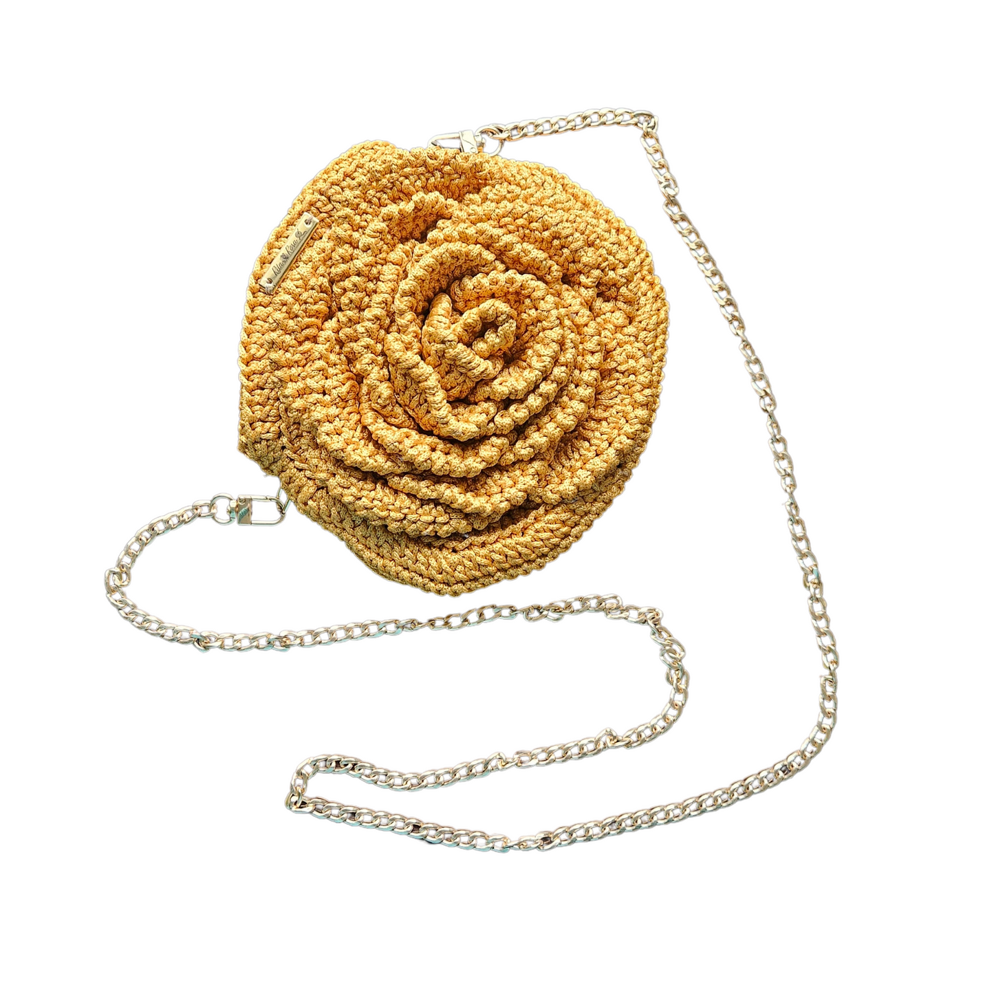 Front view of Gold Petite Bloom Macramé Tote – intricate 3D floral design, artisanal craftsmanship, handmade with durable macramé thread.