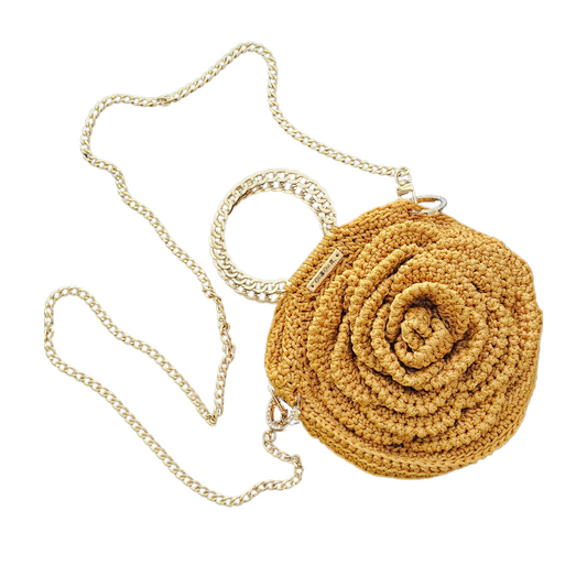 Close-up of Gold Rosa Bloom Macramé Crossbody gold chain strap – 47.2-inch crossbody chain for hands-free versatility and elegant styling.