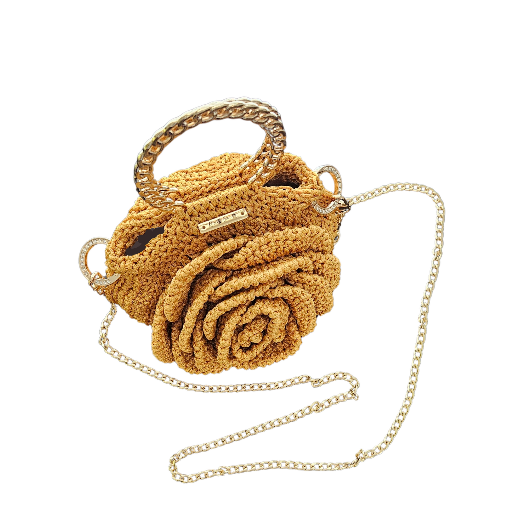 Front view of Rosa Bloom Macramé Crossbody – handcrafted 3D rose floral pattern, premium macramé thread, vibrant color design.