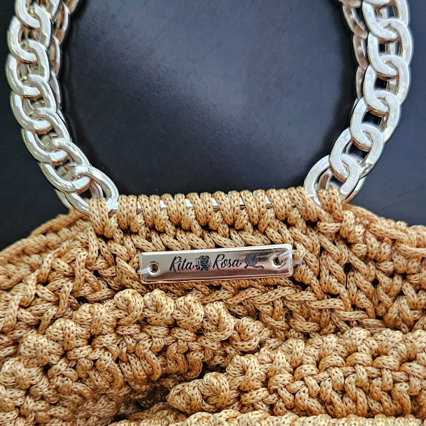 Rosa Bloom Macramé Crossbody in radiant gold yellow – artisan-crafted 3D floral crossbody bag, Rita Rosa Brazilian Beachwear logo.