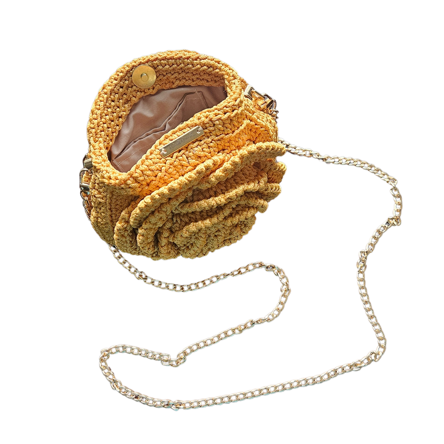 Interior view of Gold Petite Bloom Macramé Tote – functional space with optional fabric lining and card pocket, perfect for everyday essentials.