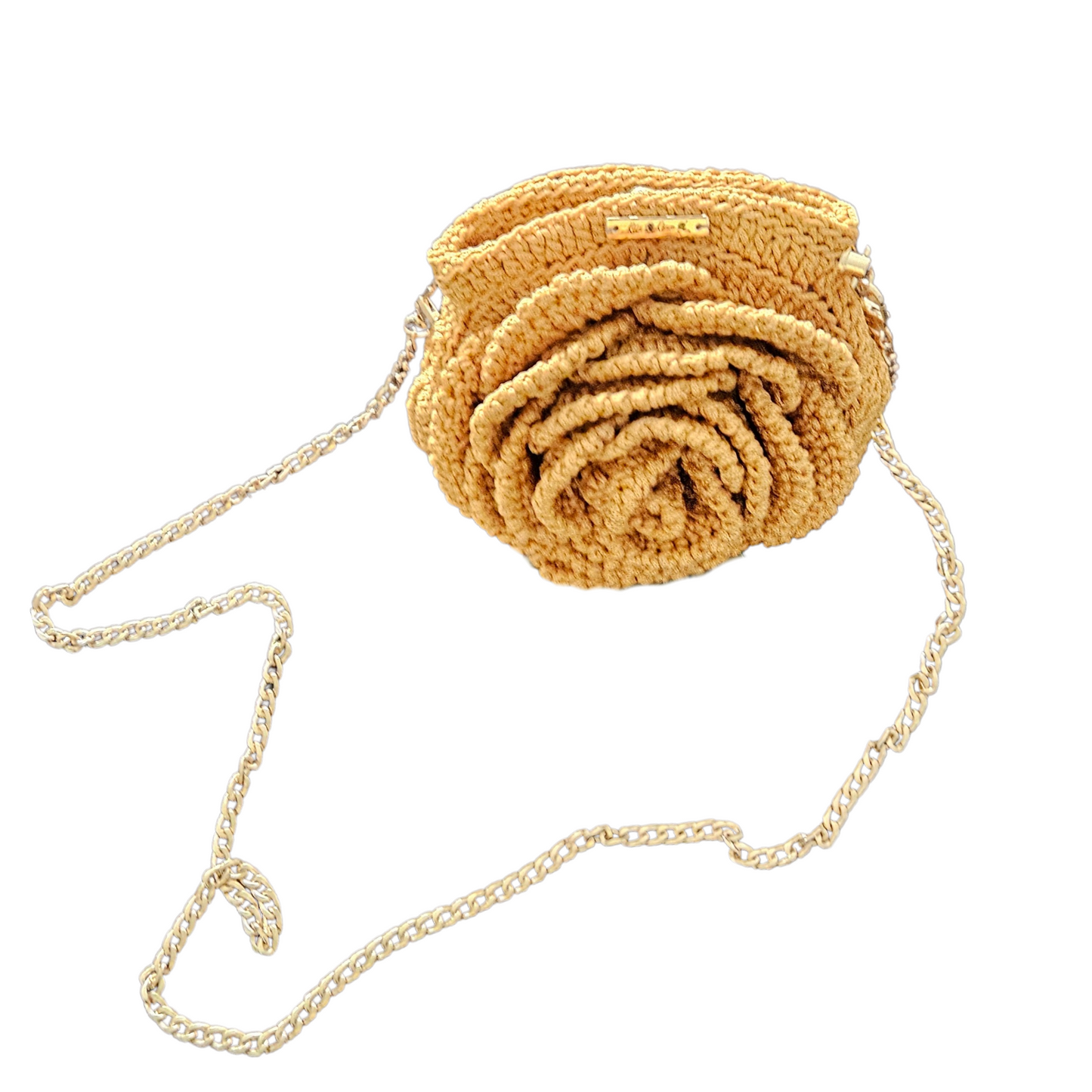 Close-up of Gold Petite Bloom Macramé Tote gold chain strap – 47.2-inch lightweight crossbody chain for hands-free, effortless style.
