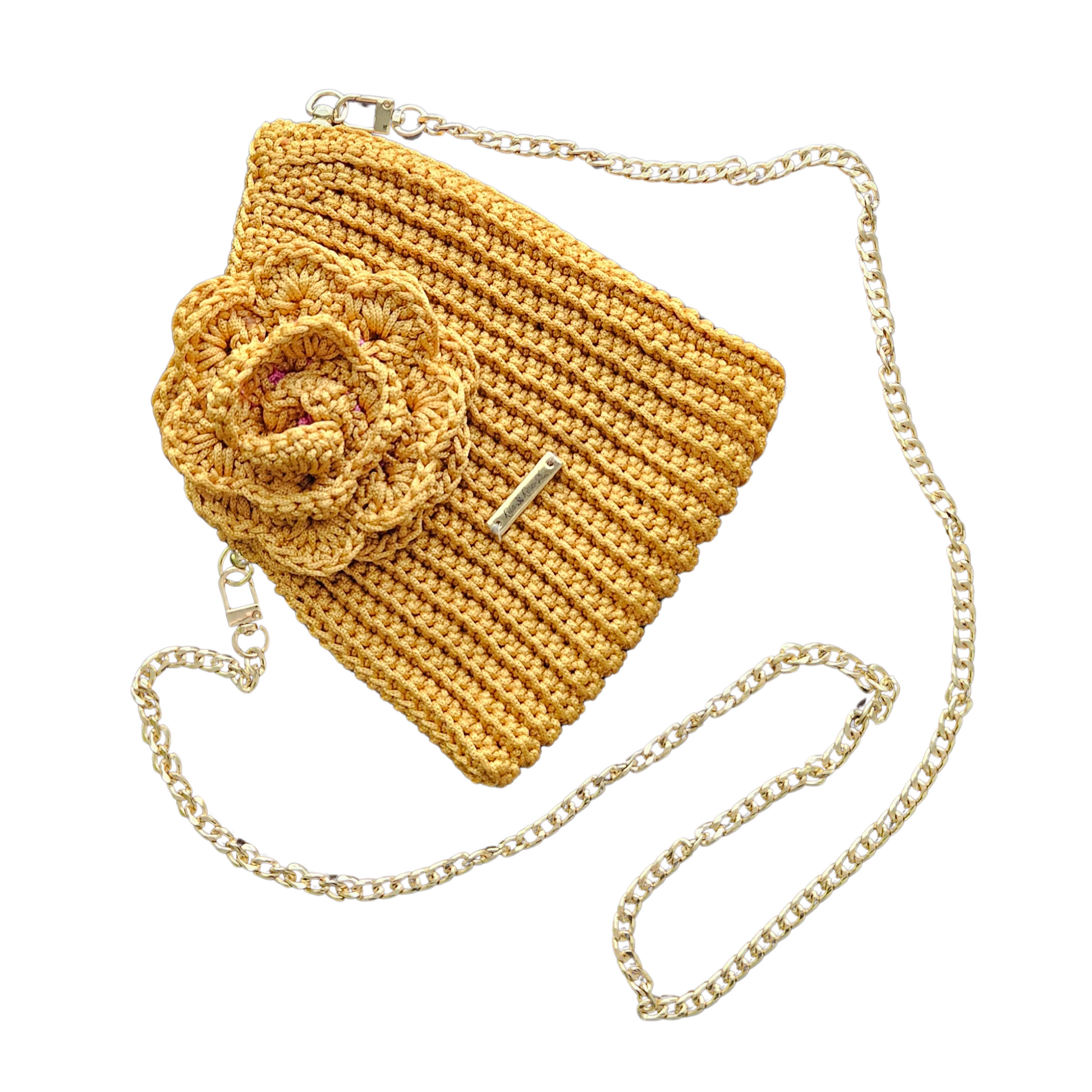 Close-up of Gold Flora Bloom Crochet Crossbody Bag – detailed handcrafted rose design, durable premium macramé thread, stylish gift idea for Mother's Day.