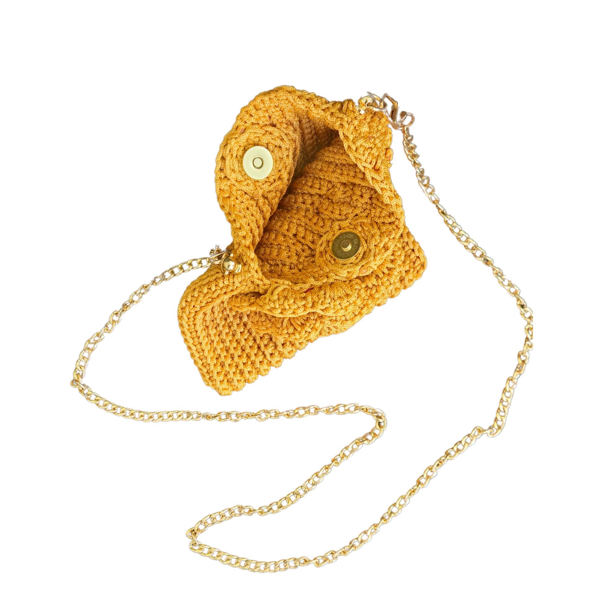 Gold Flora Bloom Crochet Crossbody Bag magnetic closure feature – secure and easy access, ideal for everyday essentials and special occasions.