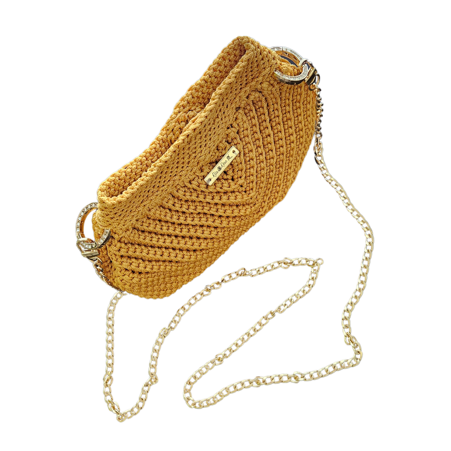 Modern Macrame Crossbody in gold yellow – vibrant handcrafted macramé bag with premium gold accents, perfect for summer events.