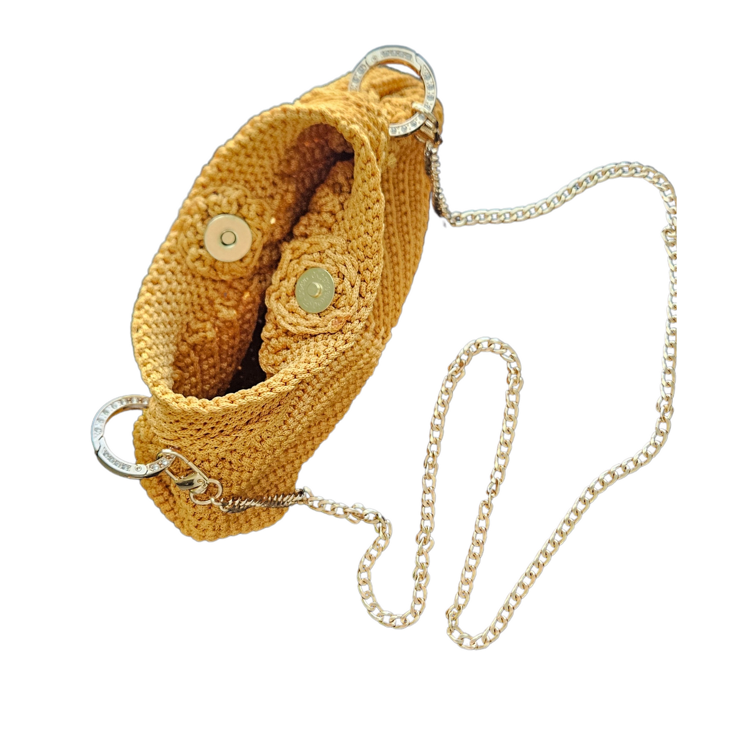 Interior view or scale reference of Gold Modern Macrame Crossbody – compact design available in two sizes for functional elegance.