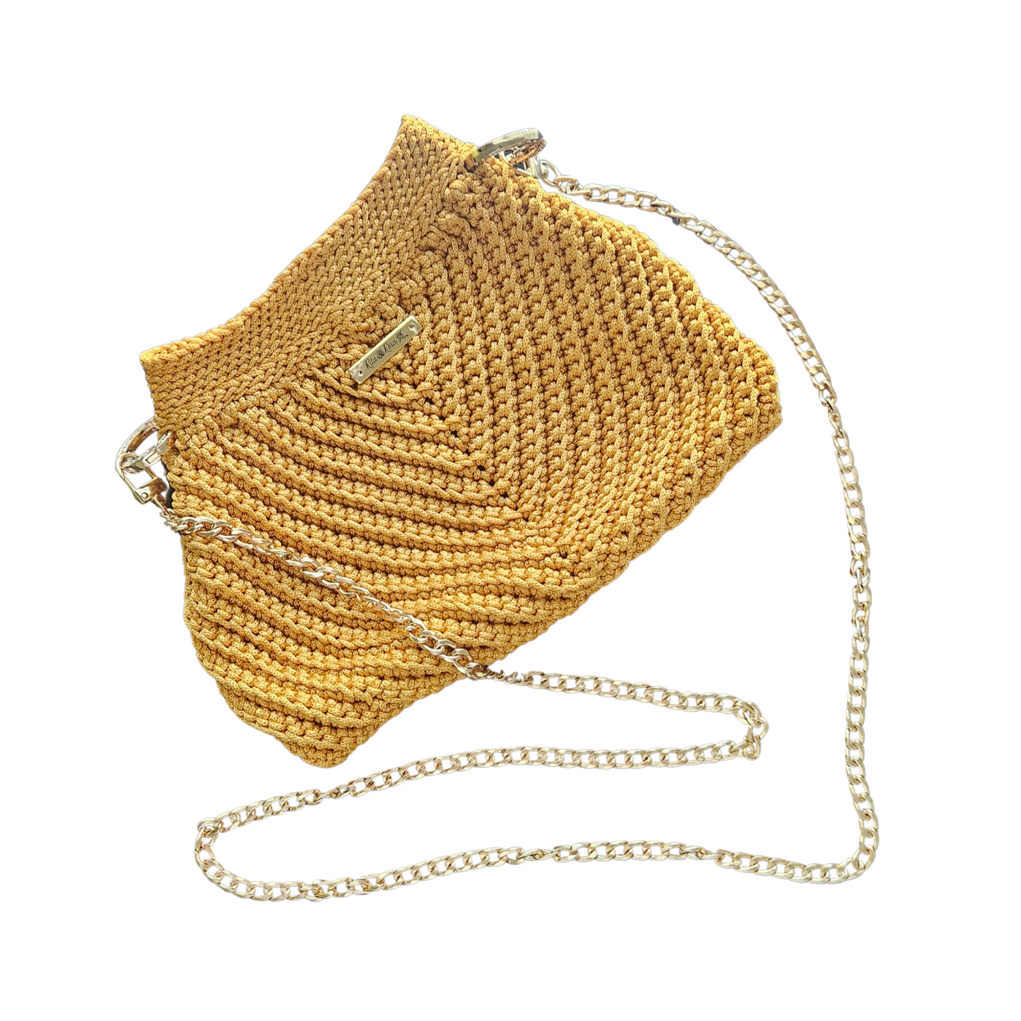 Front view of Gold Modern Macrame Crossbody – detailed handmade macramé texture with premium gold hardware accents.