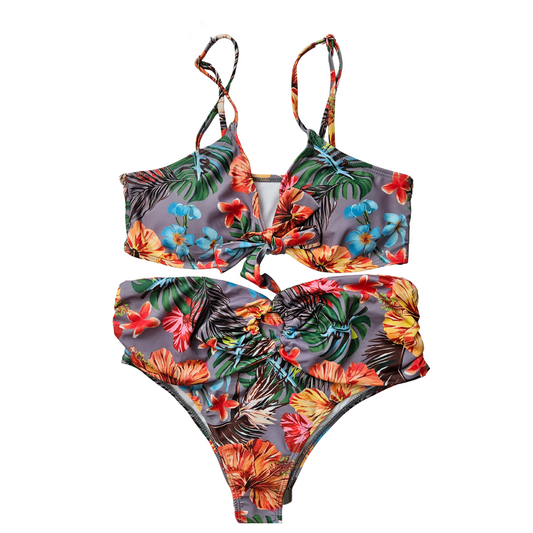 Gray Floral Tummy Control Bathing Suit front image