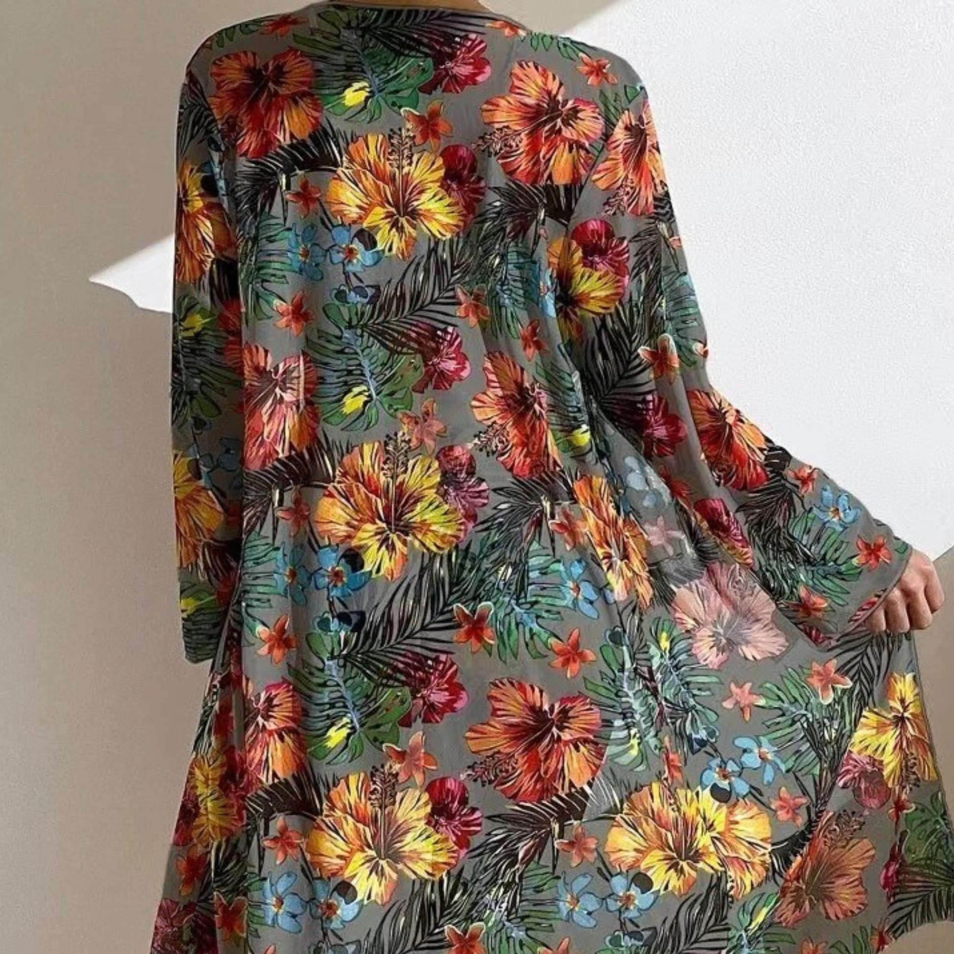 Gray Floral Tummy Control Bathing Suit with Long Sleeves Cover model back image