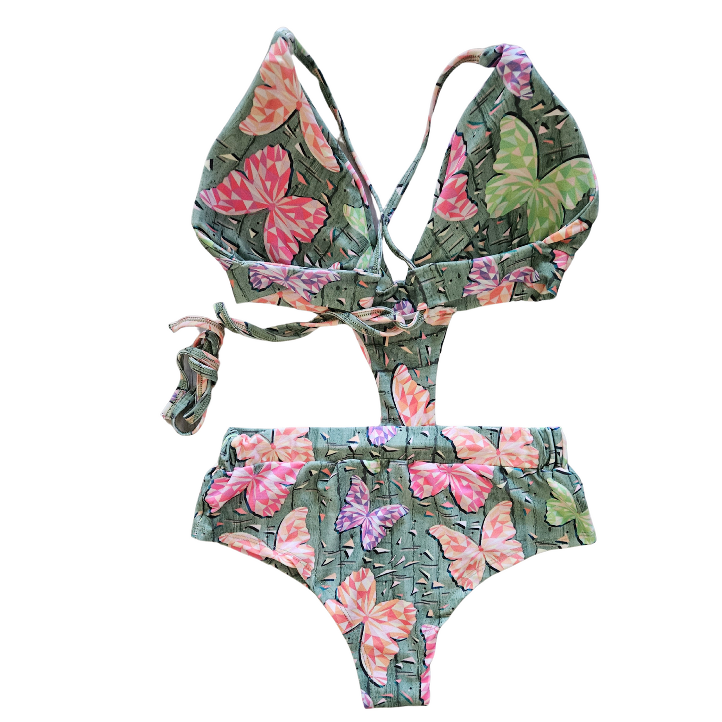 Green Butterflies One Piece Side Cut Out Swimsuit top back
