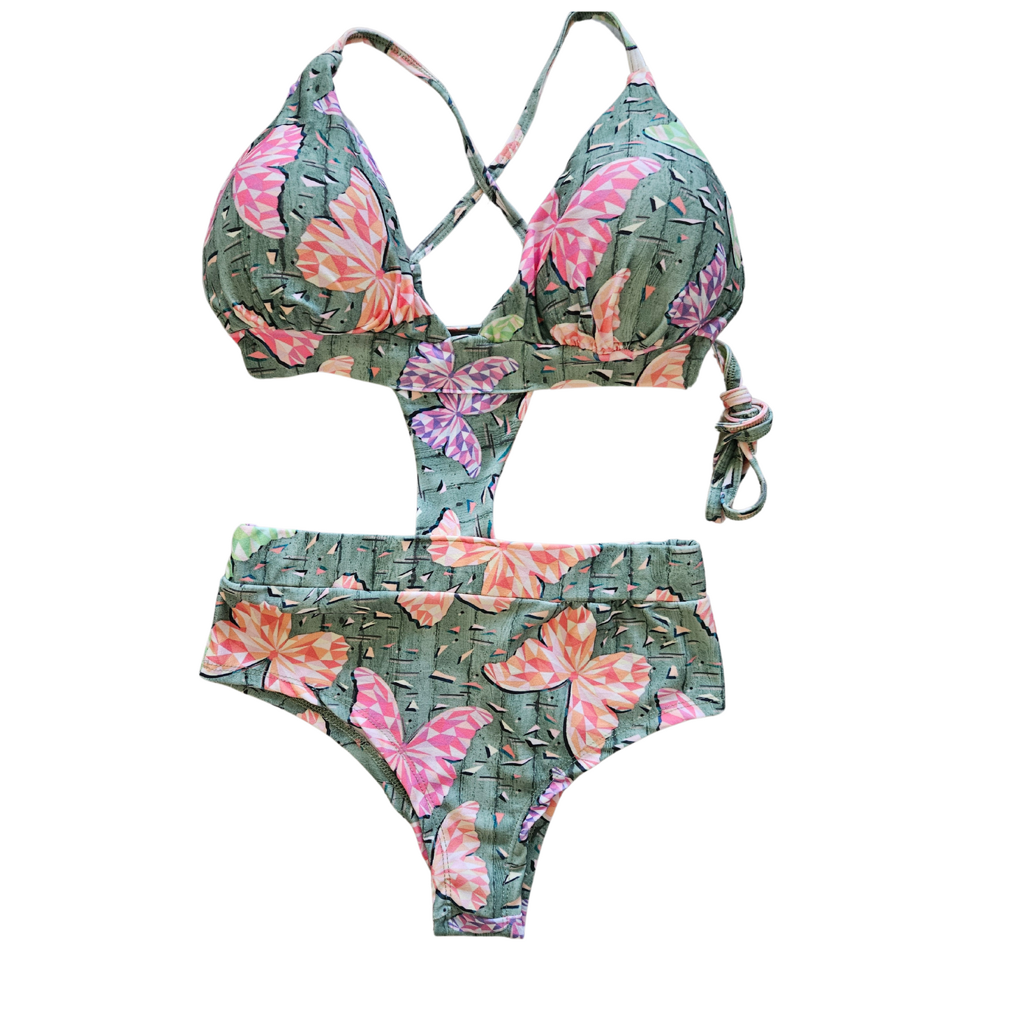 Green Butterflies One Piece Side Cut Out Swimsuit top front