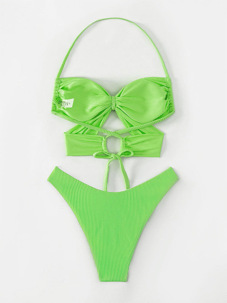 Green Neon Bandage Cut Out Bikini Set - back view: Back view of the two-piece bikini set with crisscross tie straps on the top and a high-waisted thong bottom.