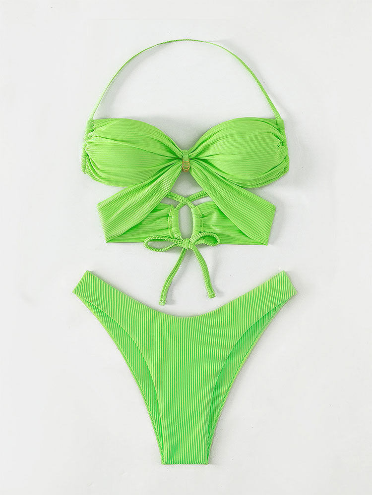 Green Neon Bandage Cut Out Bikini Set - back view: Back view of the two-piece bikini set with crisscross tie straps on the top and a high-waisted thong bottom.