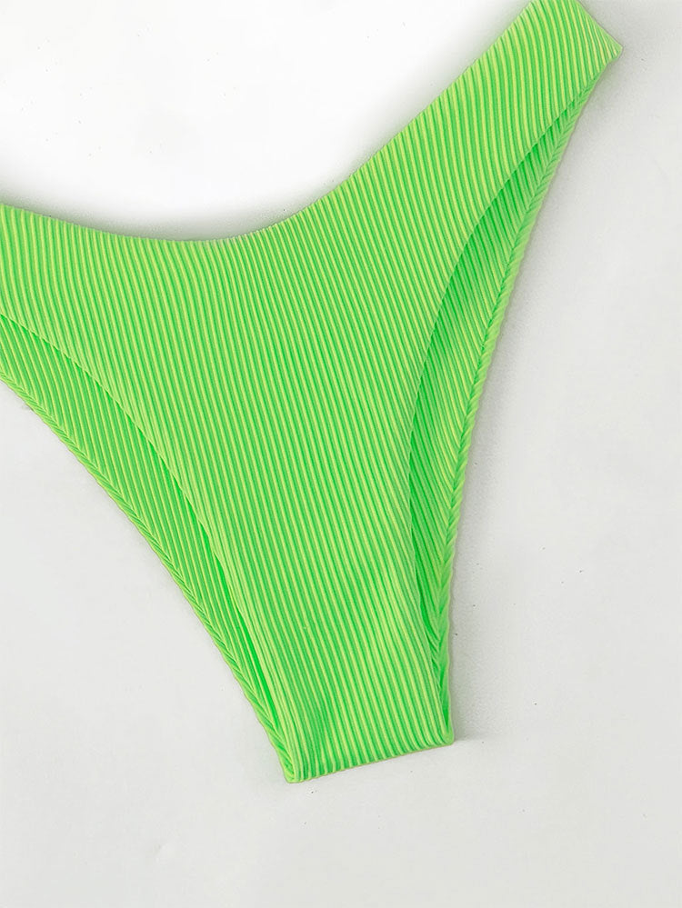 Green Neon Bandage Cut Out Bikini Set - back view: Back view of the two-piece bikini set with crisscross tie straps on the top and a high-waisted thong bottom.
