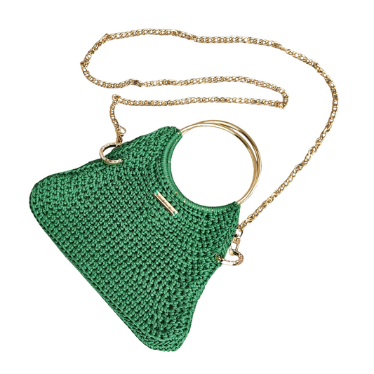 Green Arco Luxe Crochet Bag – chic handmade macramé purse with gold strap, blending earthy tones with modern style.