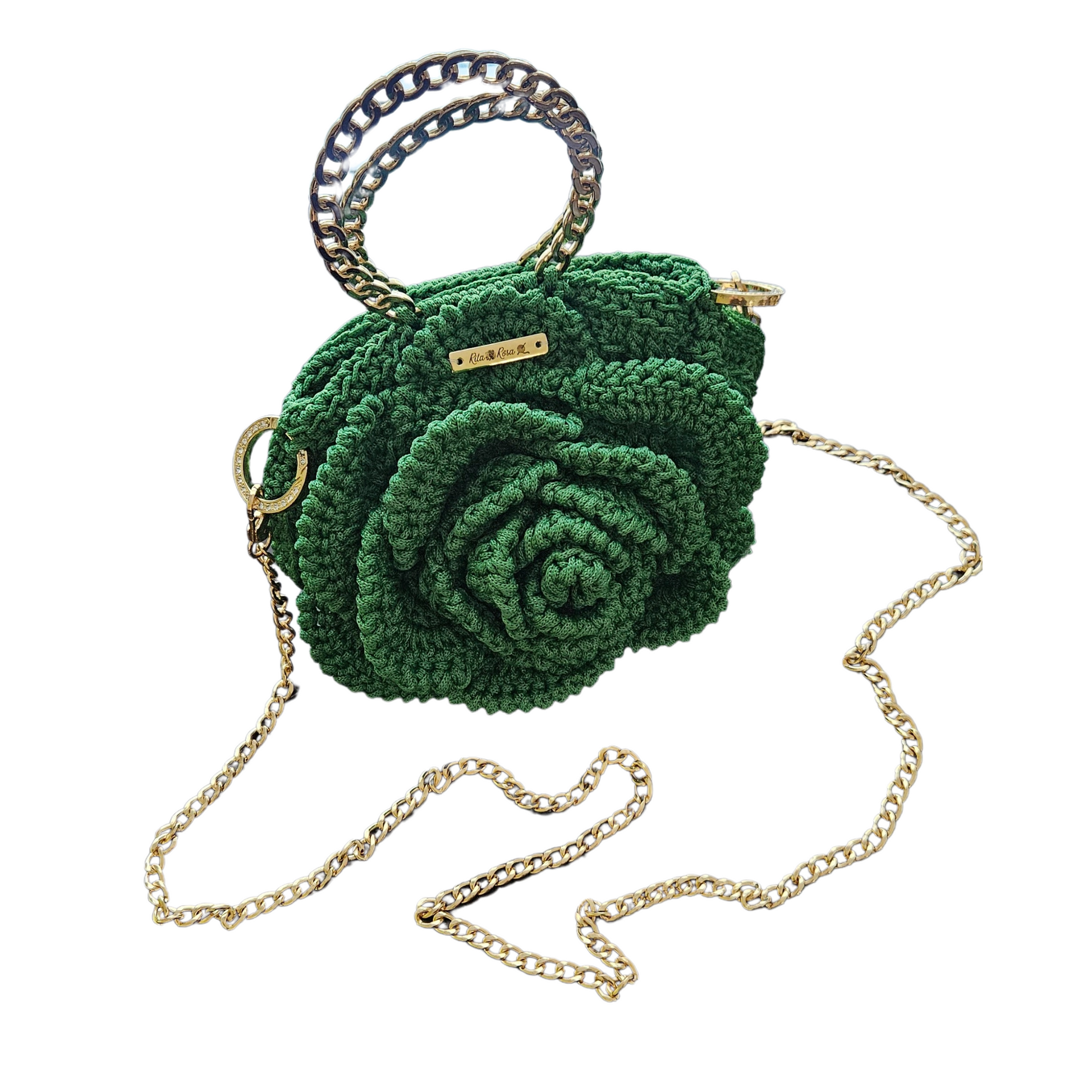 Gold handle detail on Rosa Bloom Macramé Crossbody – semicircle or rectangular metal handle options for versatile, chic carrying style.