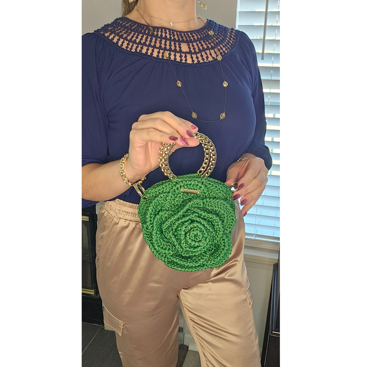 Model posing front view of Rosa Bloom Macramé Crossbody – handcrafted 3D rose floral style, premium macramé thread, vibrant color design.