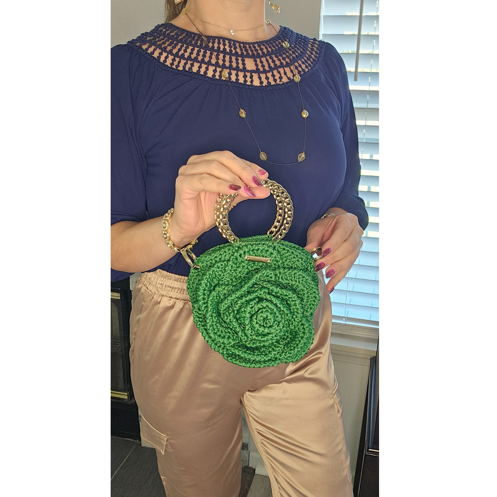 Model posing front view of Rosa Bloom Macramé Crossbody – handcrafted 3D rose floral style, premium macramé thread, vibrant color design.