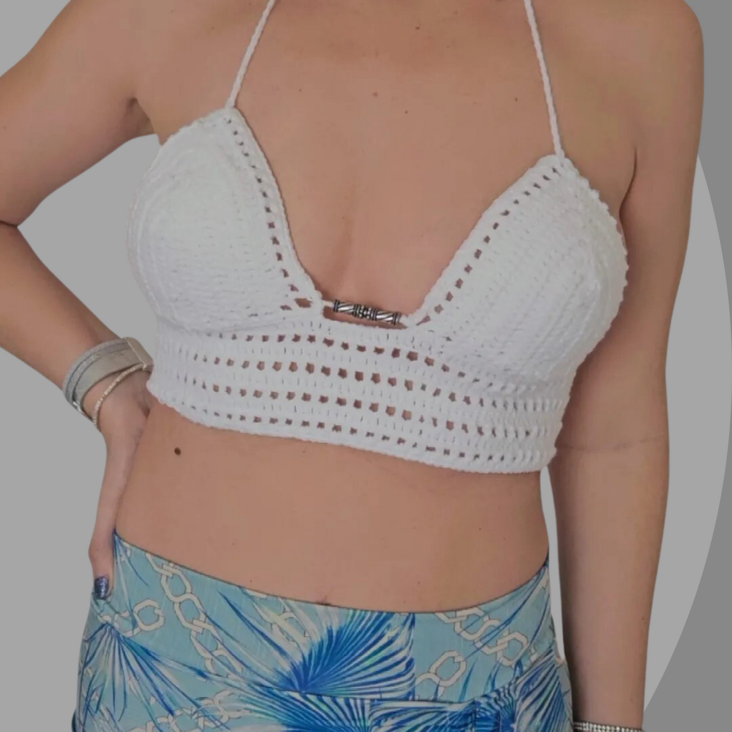 Icing Crisscross Crochet Cropped Top model posing front
