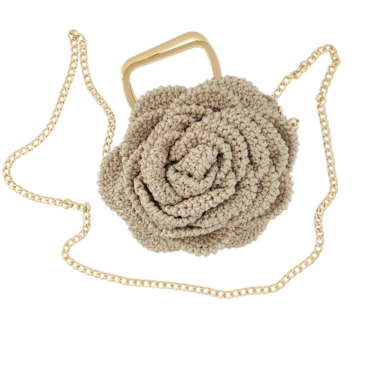 Petite Bloom Macramé Tote – Elegant handcrafted rose motif mini bag with gold handle, stylish tote for special occasions.