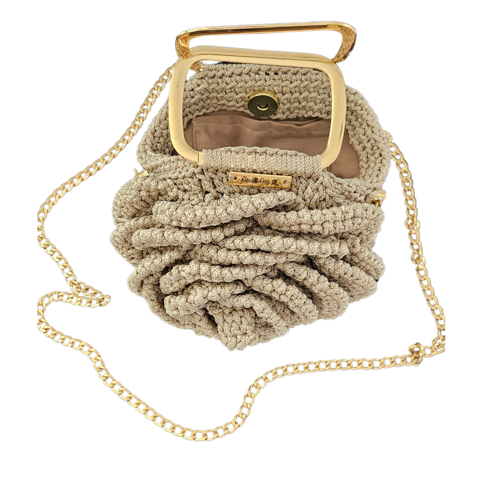Inside view of Petite Bloom Macramé Tote – Lined interior with card pocket, stylish mini bag with secure closure