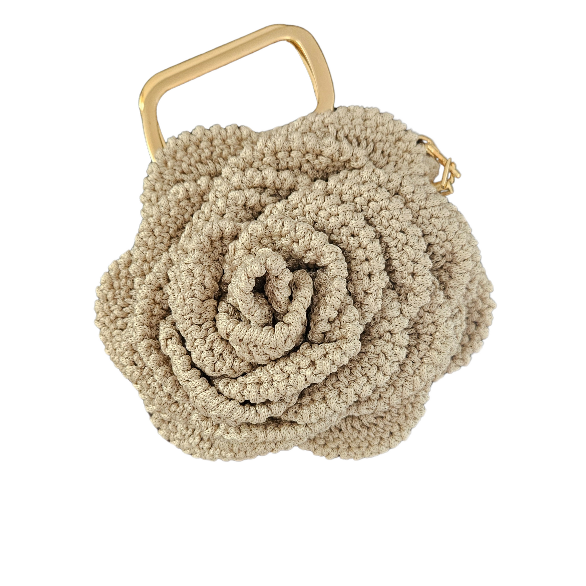 Close-up view of Petite Bloom Macramé Tote – Handwoven 3D floral design, intricate macramé detailing, luxury craftsmanship in a mini handbag.