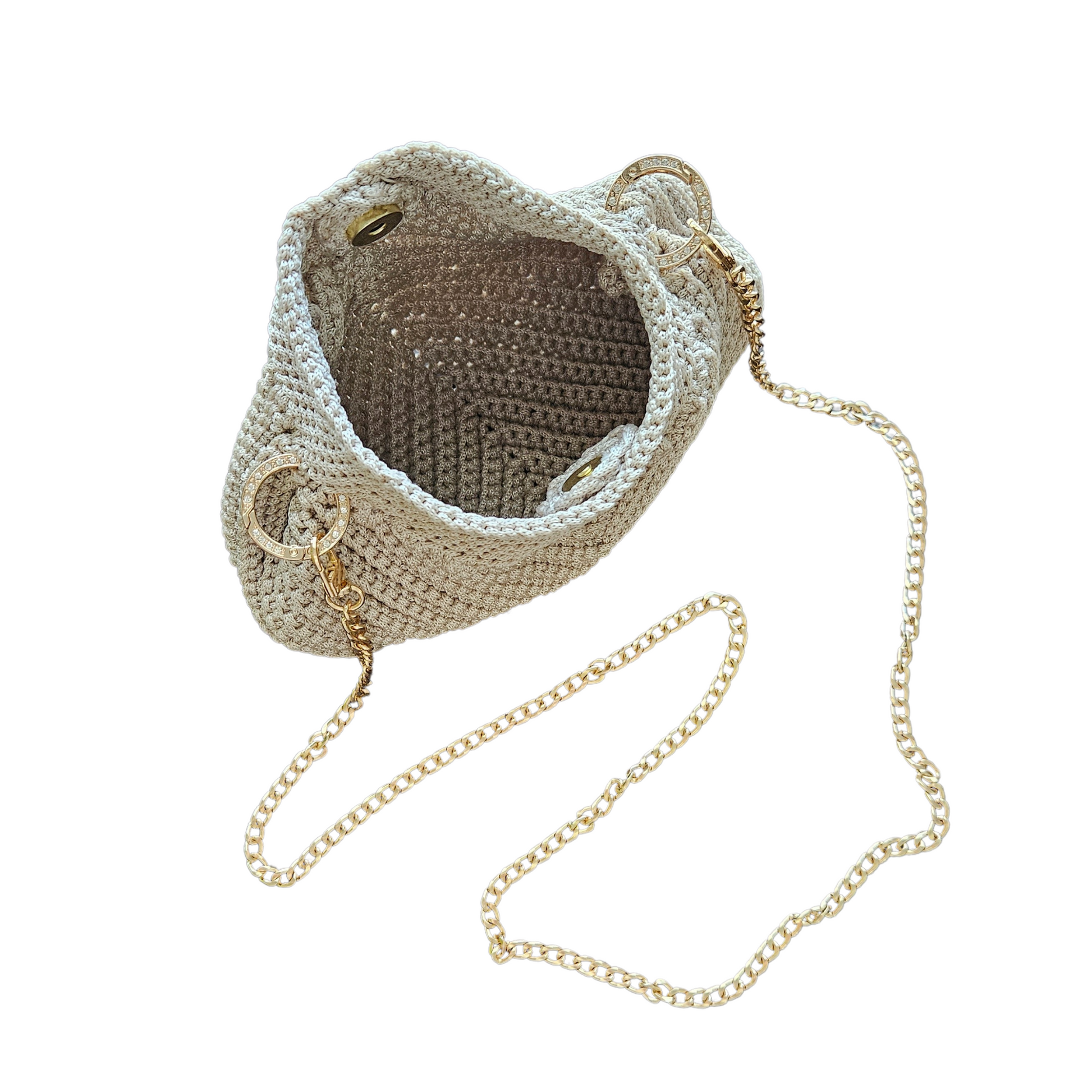 Interior view or scale reference of Latte Modern Macrame Crossbody – compact design available in two sizes for functional elegance.