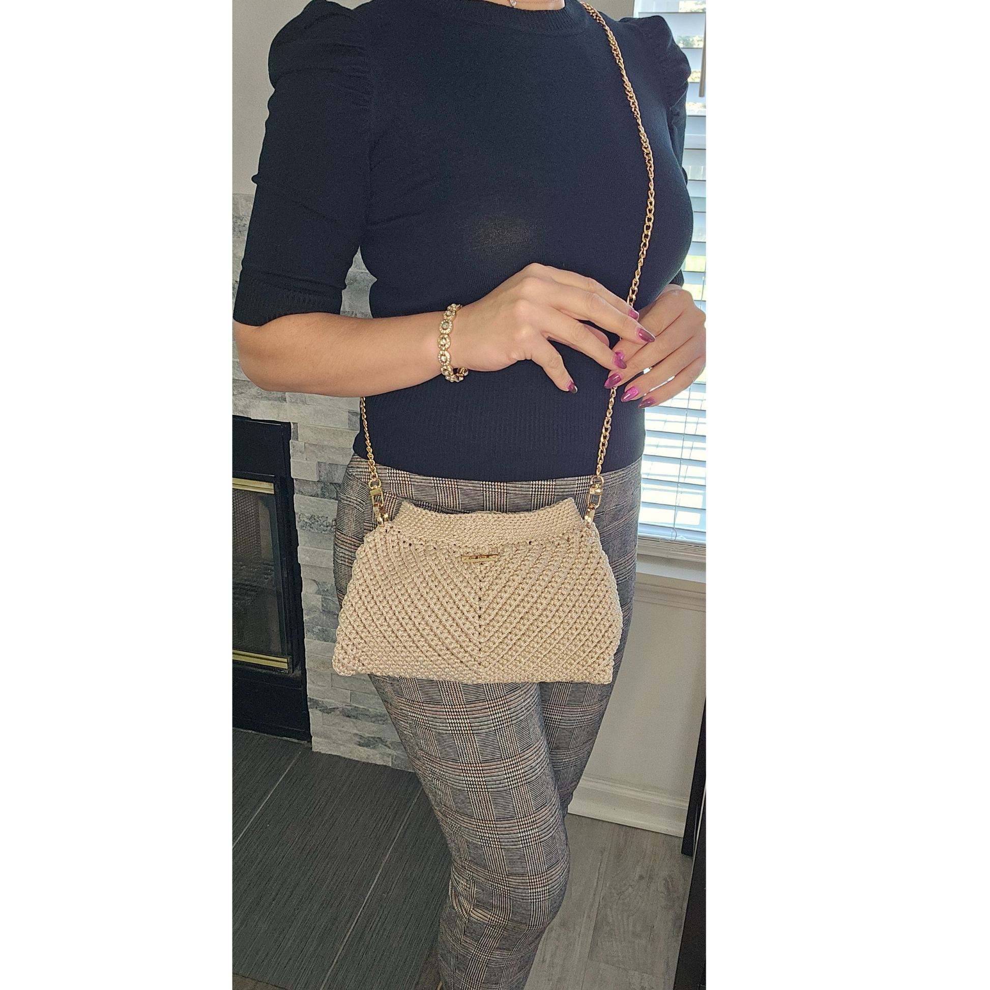 Model showcasing Latte Modern Macrame Crossbody – exclusive handcrafted bag with gold accents, lightweight macramé design, perfect for weddings, special events, and everyday luxury.