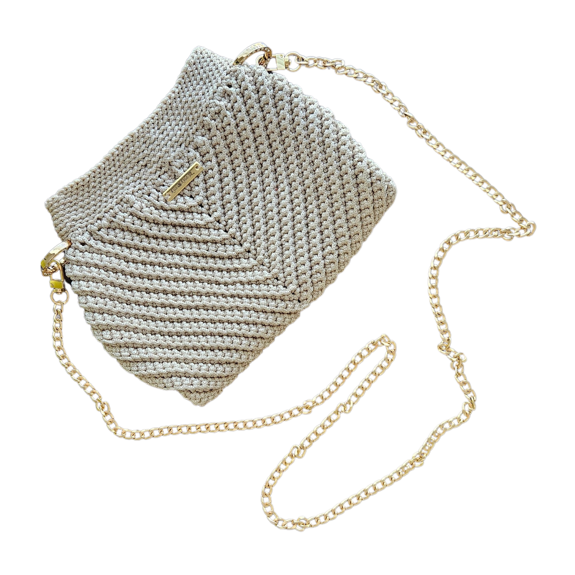Front view of Small Latte Modern Macrame Crossbody – detailed handmade macramé texture with premium gold hardware accents.