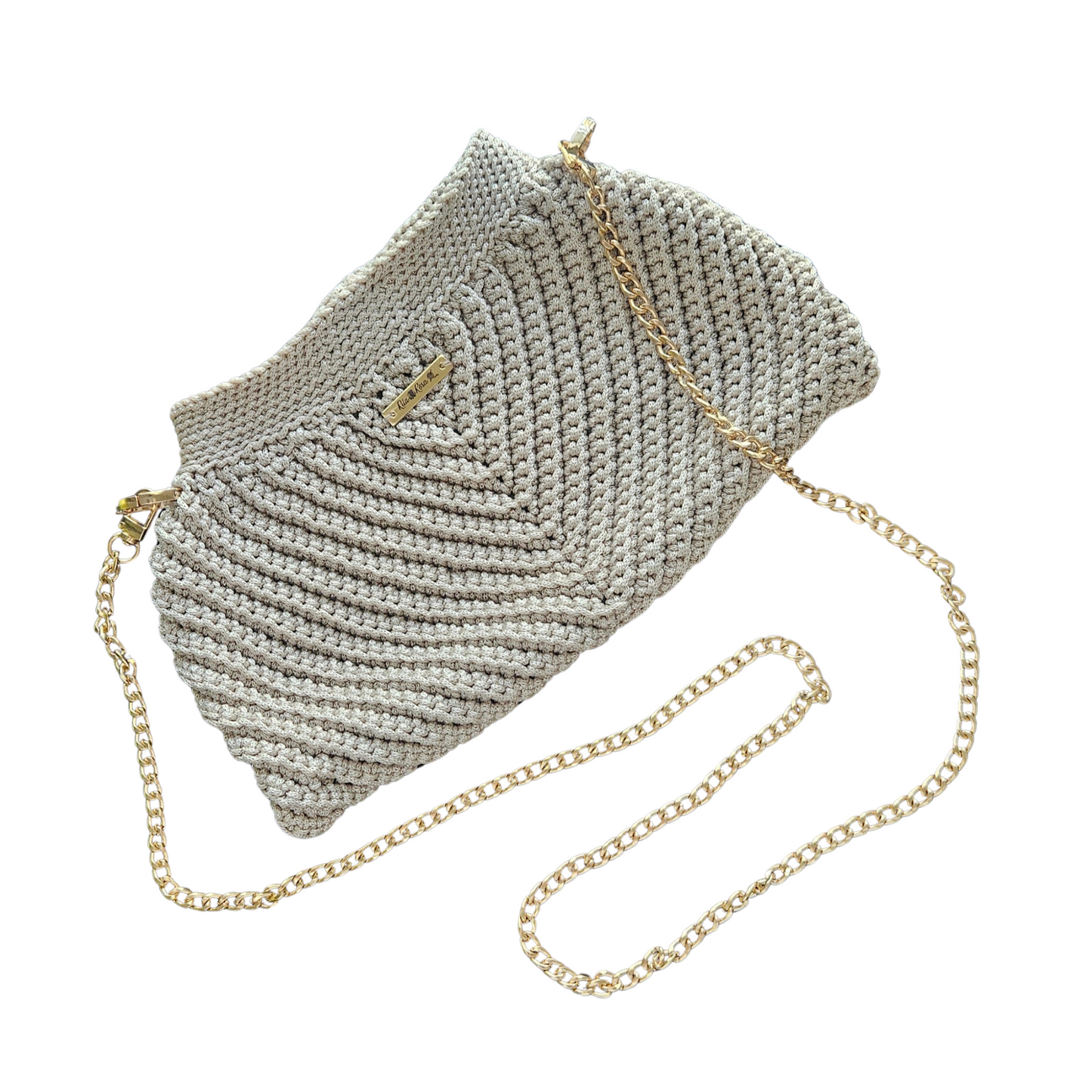 Front view of Latte Medium Modern Macrame Crossbody – detailed handmade macramé texture with premium gold hardware accents.
